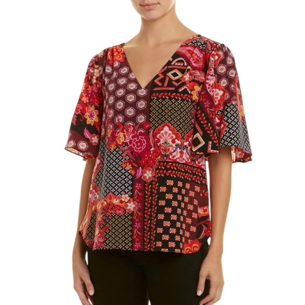 Trina Turk Kirkwood Silk Geometric & Floral Print V-Neck Blouse - M